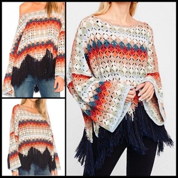 Free People Crochet Fringe Scalloped Hem Knit Poncho Top | Coastal Cowgirl Boho - Picture 14 of 16